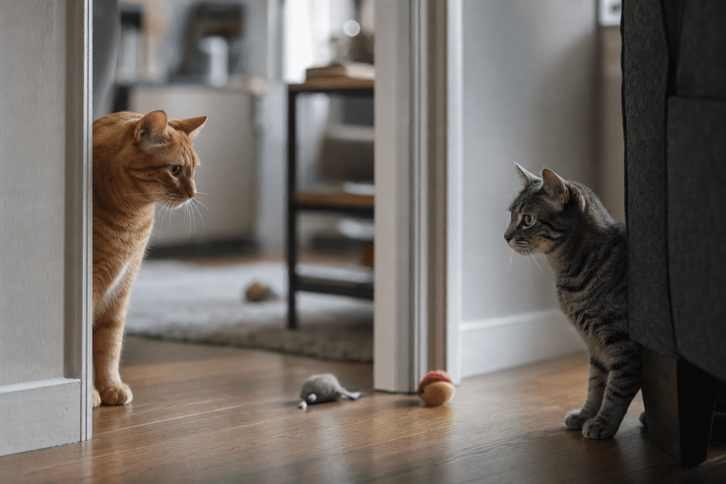 Dos gatos, uno atigrado gris y otro pelirrojo, se observan con cautela desde lados opuestos de una puerta en el salón