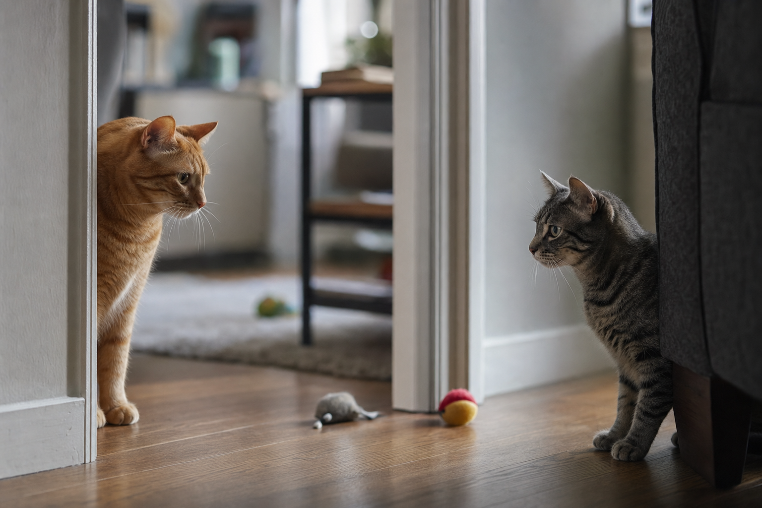 Dos gatos, uno atigrado gris y otro pelirrojo, se observan con cautela desde lados opuestos de una puerta en el salón