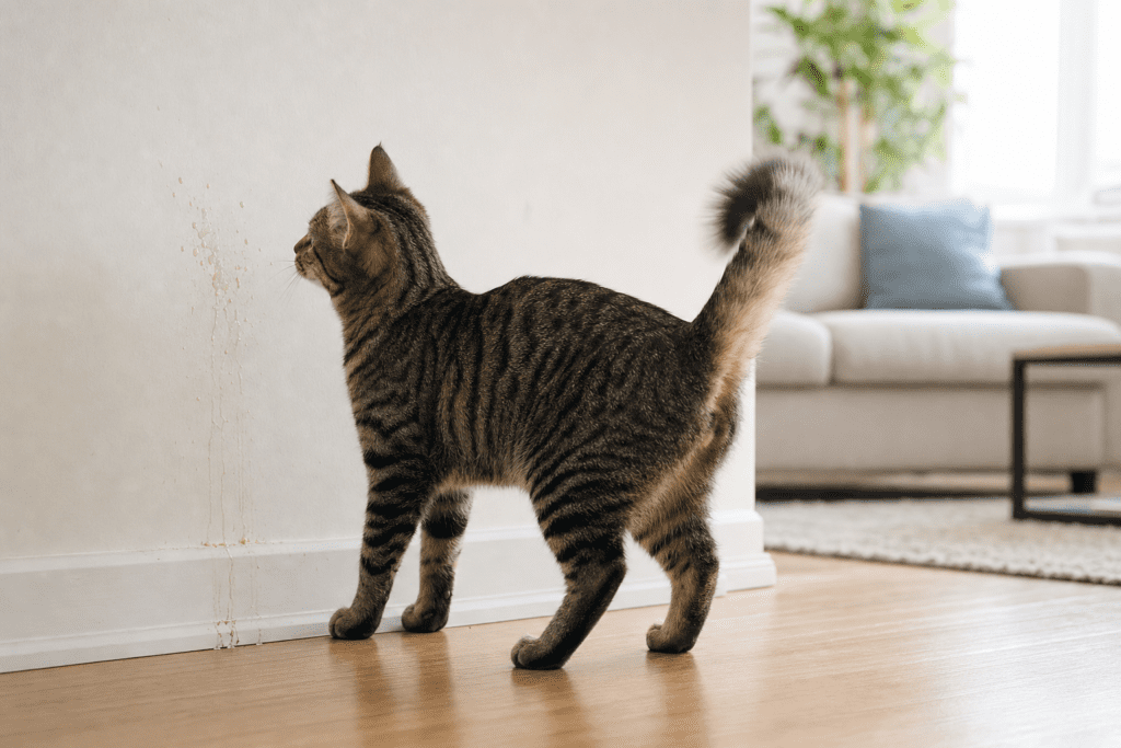Gato atigrado joven marcando con orina en una pared blanca de un salón moderno