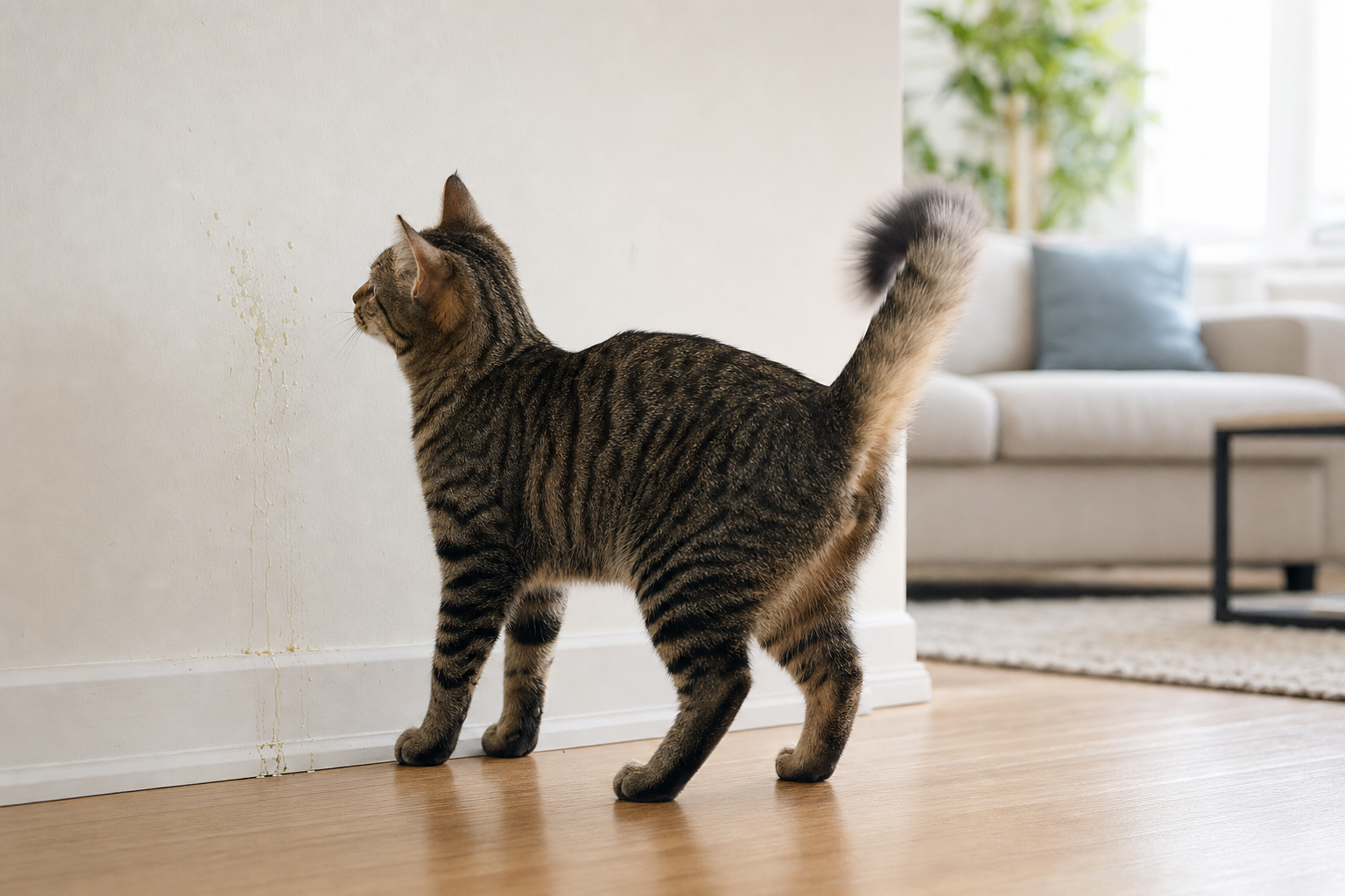Gato atigrado joven marcando con orina en una pared blanca de un salón moderno