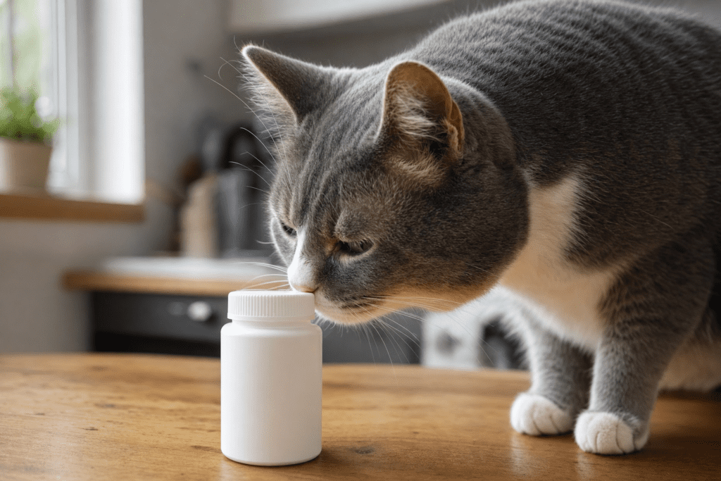 Gato blanco y gris olfateando un bote de pastillas sobre una mesa de madera