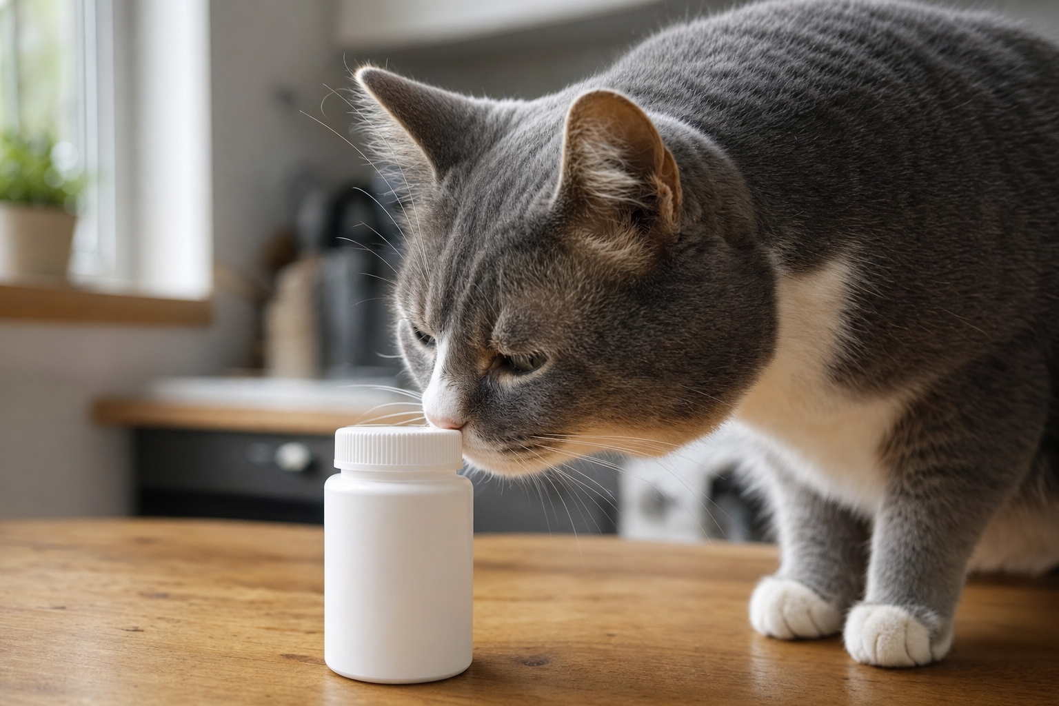 Gato blanco y gris olfateando un bote de pastillas sobre una mesa de madera