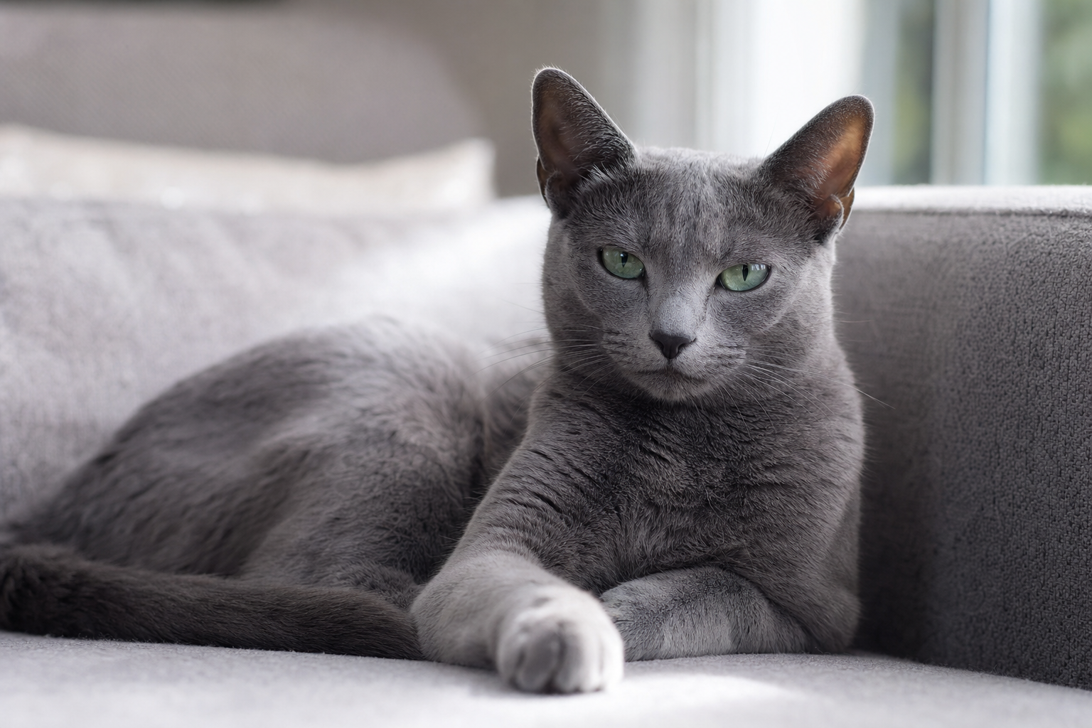 Gato azul ruso relajado tumbado en un sofá gris con luz natural
