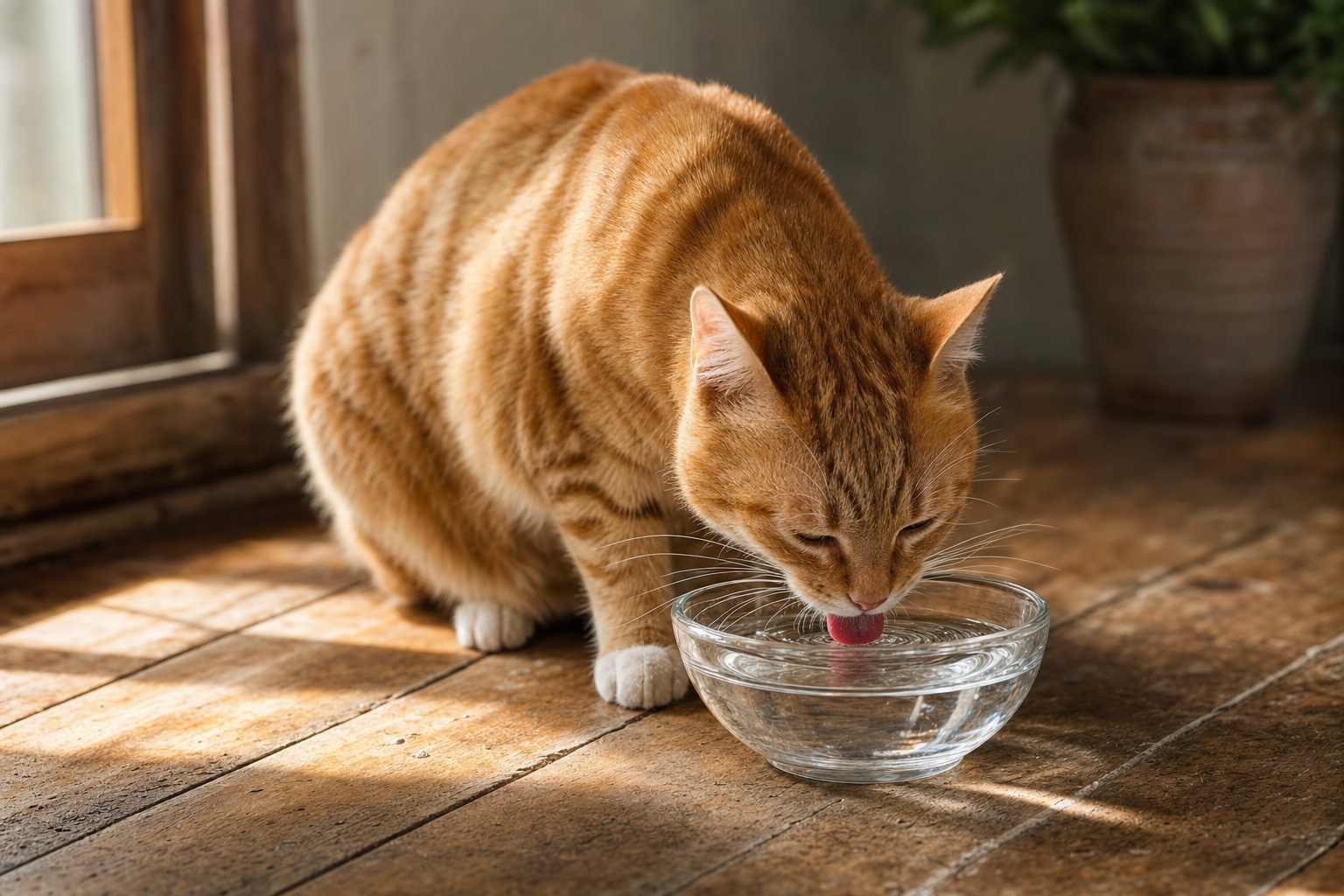 Gato atigrado naranja bebiendo agua de un bol de cristal en el suelo de madera