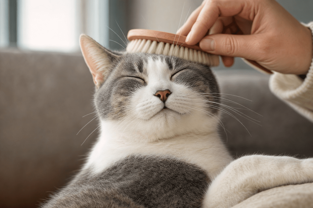 Primer plano de un gato doméstico gris y blanco siendo cepillado suavemente junto a una ventana, mostrando expresión relajada