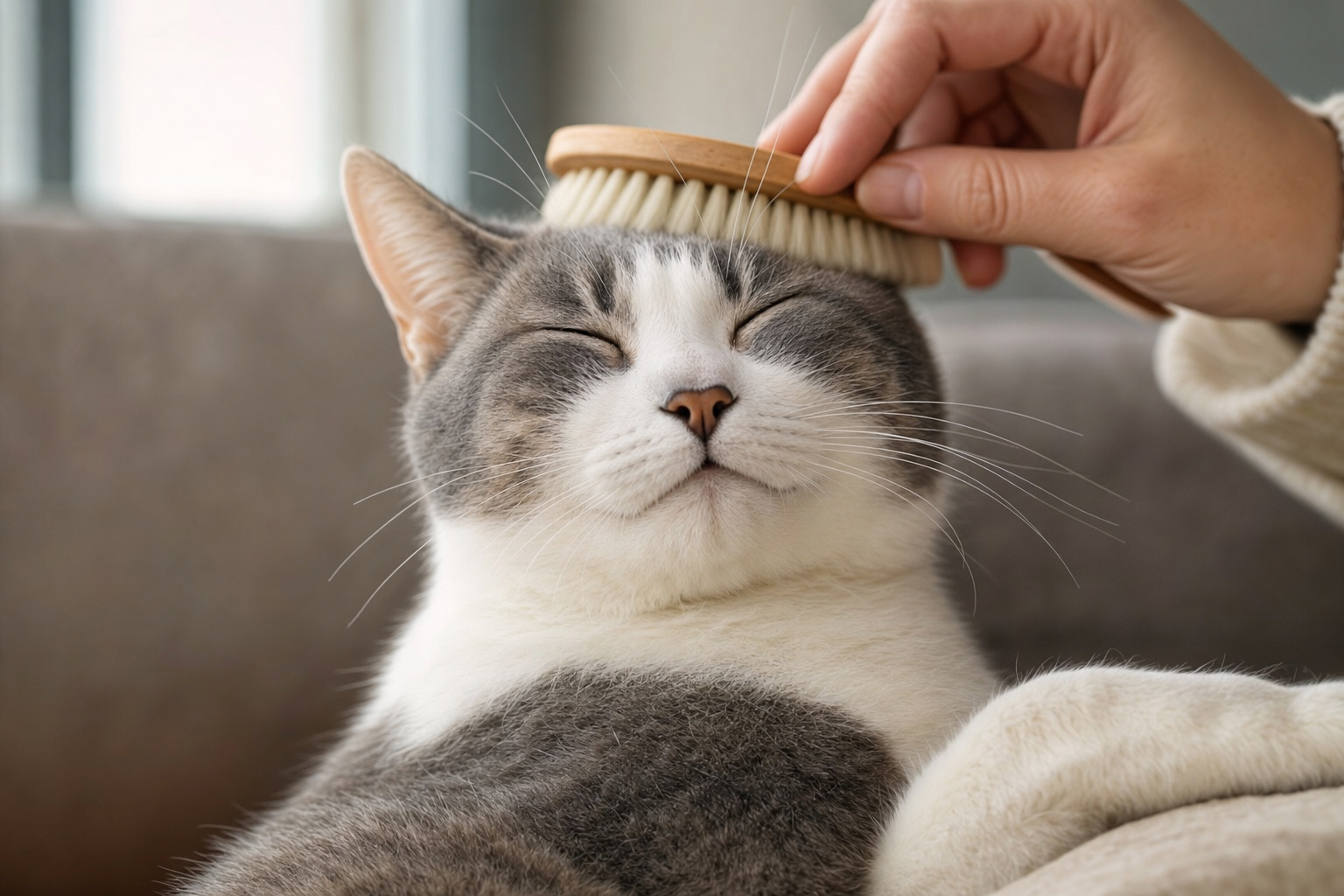 Primer plano de un gato doméstico gris y blanco siendo cepillado suavemente junto a una ventana, mostrando expresión relajada