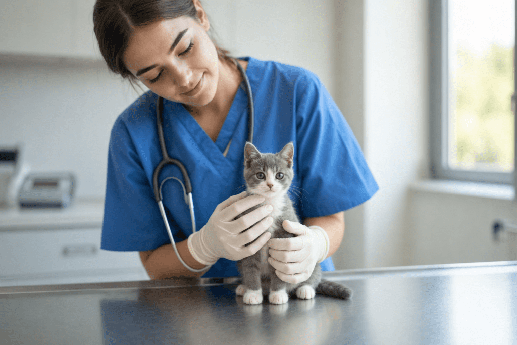 Veterinario sujetando a un gatito gris y blanco en una mesa de revisión para vacunación