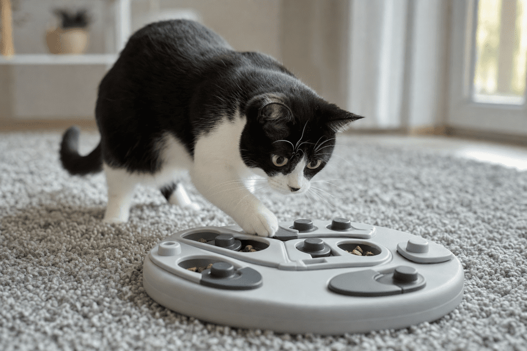 Gato blanco y negro curioseando un comedero interactivo con premios en una alfombra gris