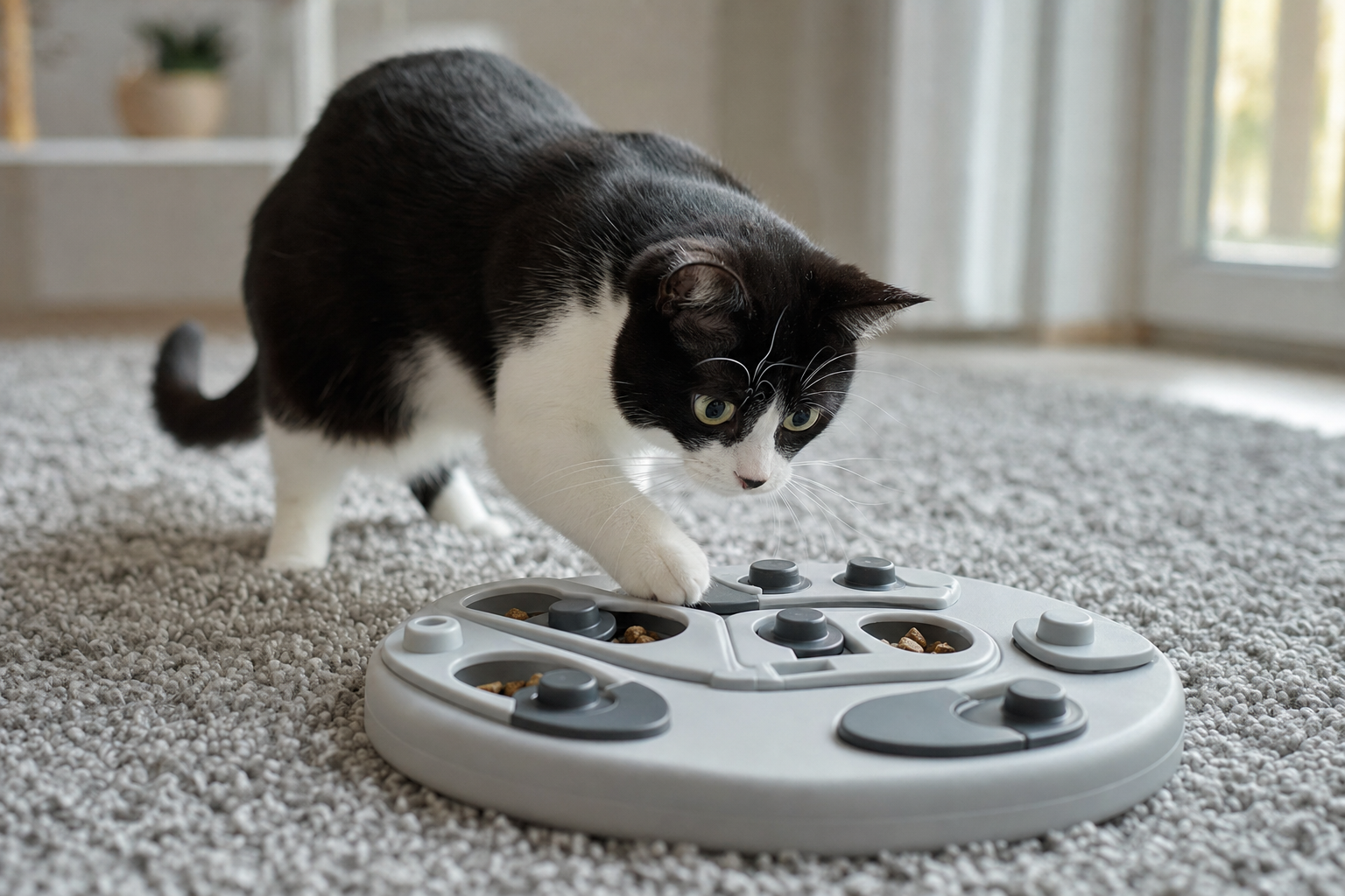 Gato blanco y negro curioseando un comedero interactivo con premios en una alfombra gris