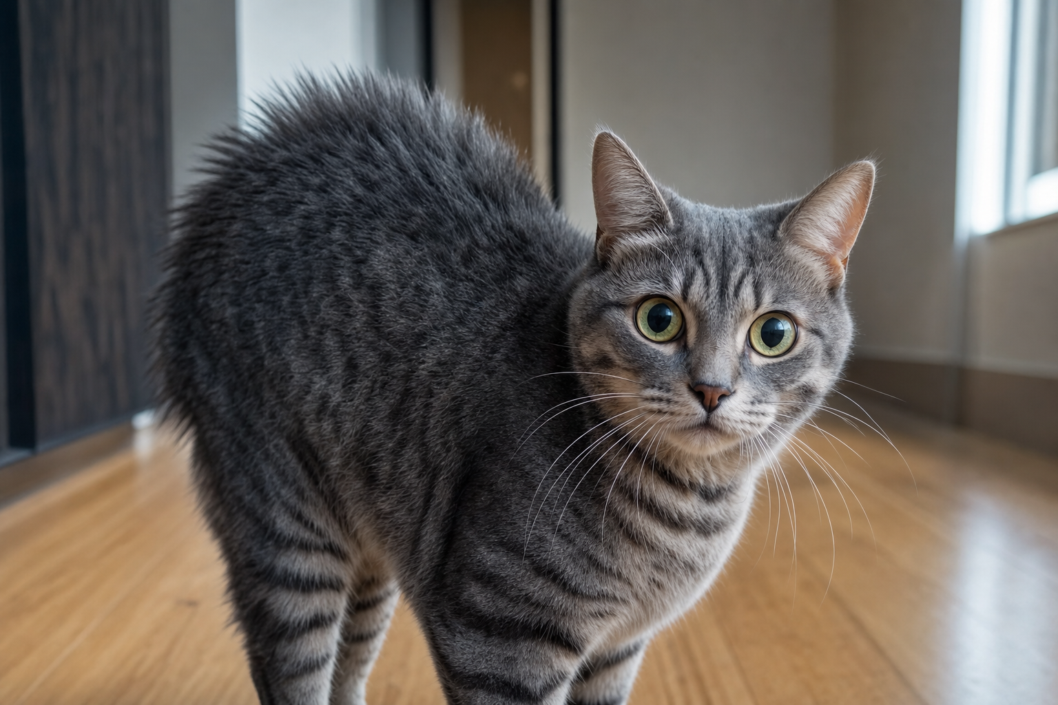 Gato atigrado gris mostrando signos de estrés con el pelo erizado en un pasillo luminoso de casa