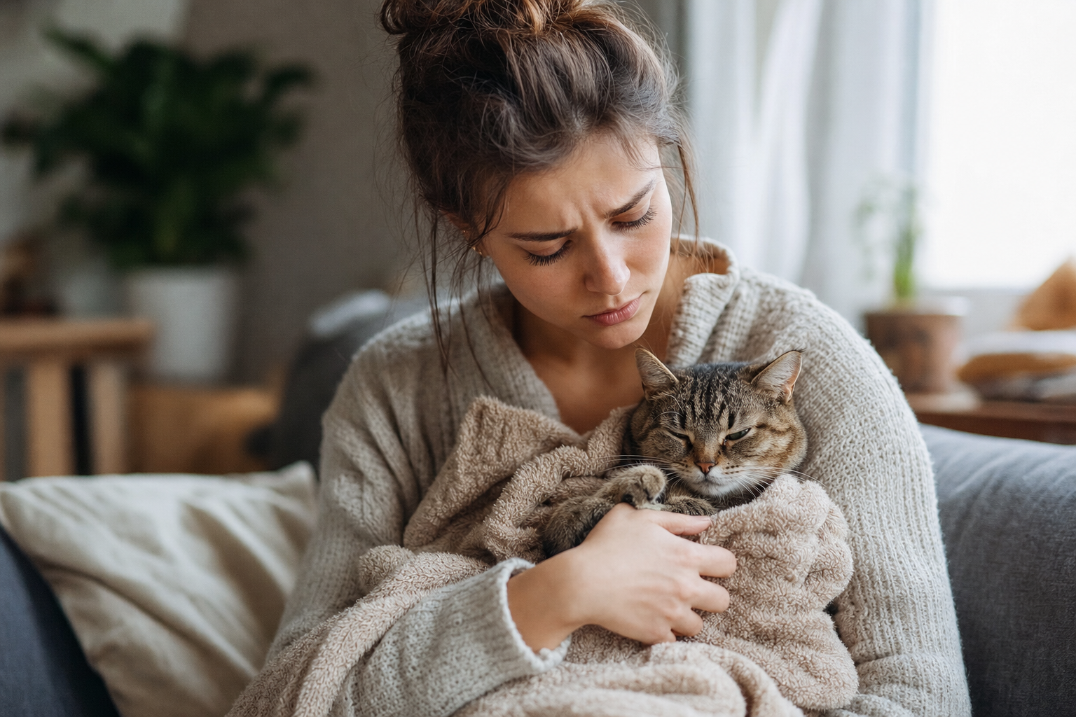 Mujer preocupada sosteniendo a su gato atigrado enfermo en un salón acogedor con luz natural