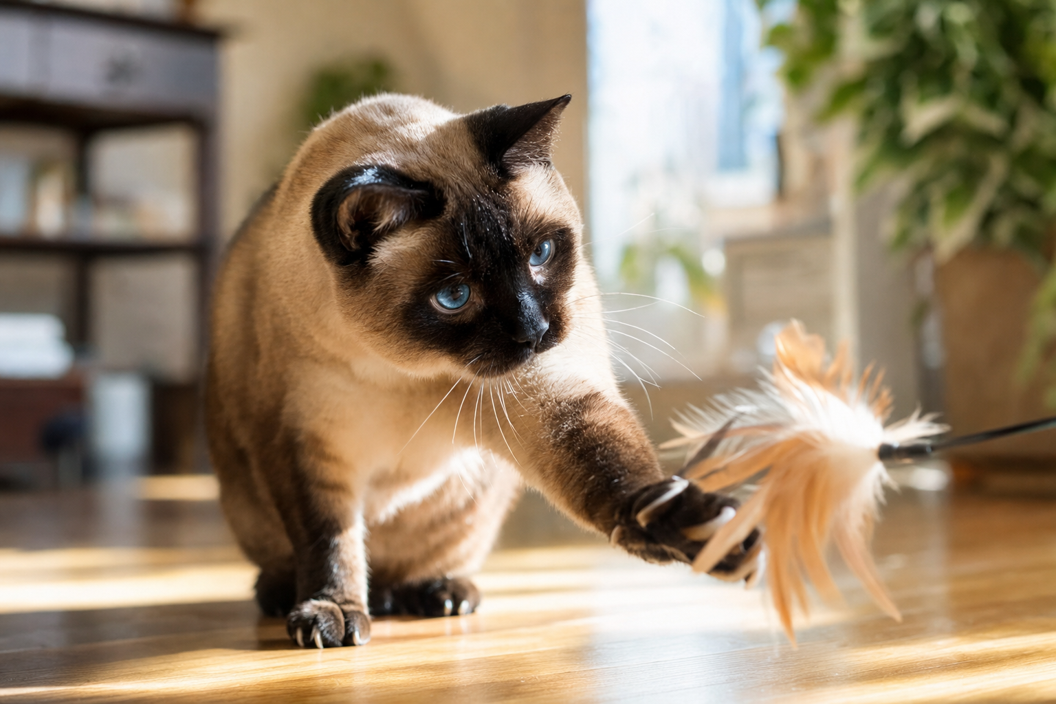 Gato siamés mayor jugando con un juguete de plumas en el suelo de madera