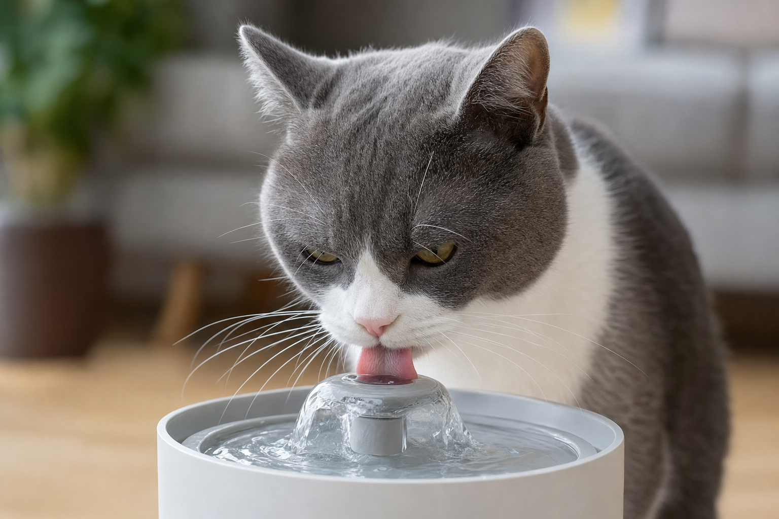 Gato gris y blanco bebiendo de una fuente de agua moderna en el salón