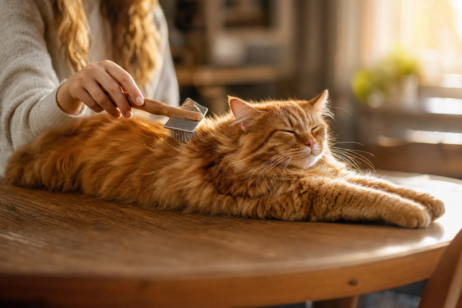 Gato pelirrojo de pelo largo siendo cepillado sobre una mesa de madera en un ambiente hogareño al atardecer