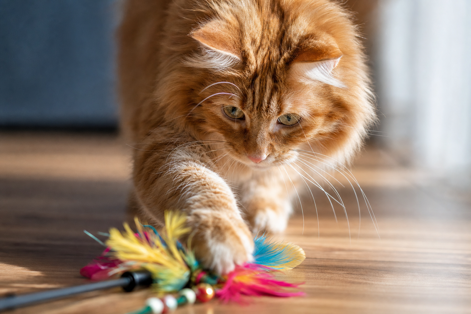 Gato pelirrojo de pelo largo jugando con un juguete interactivo de plumas en suelo de madera