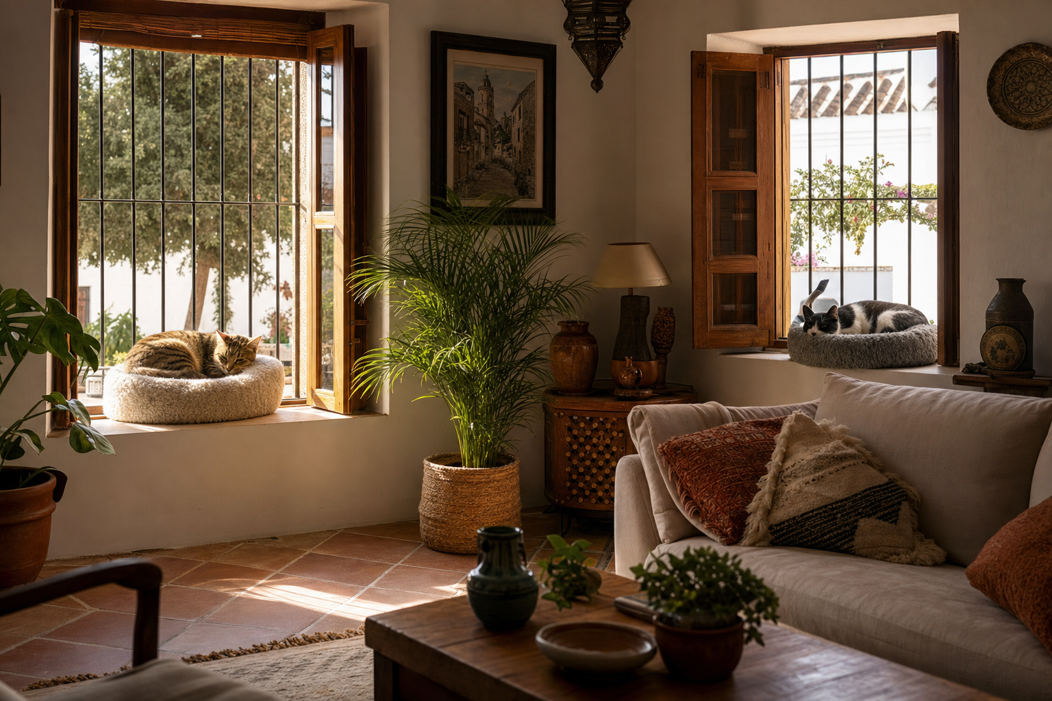 Dos gatos adultos durmiendo en paz cada uno en su ventana dentro de un salón español acogedor