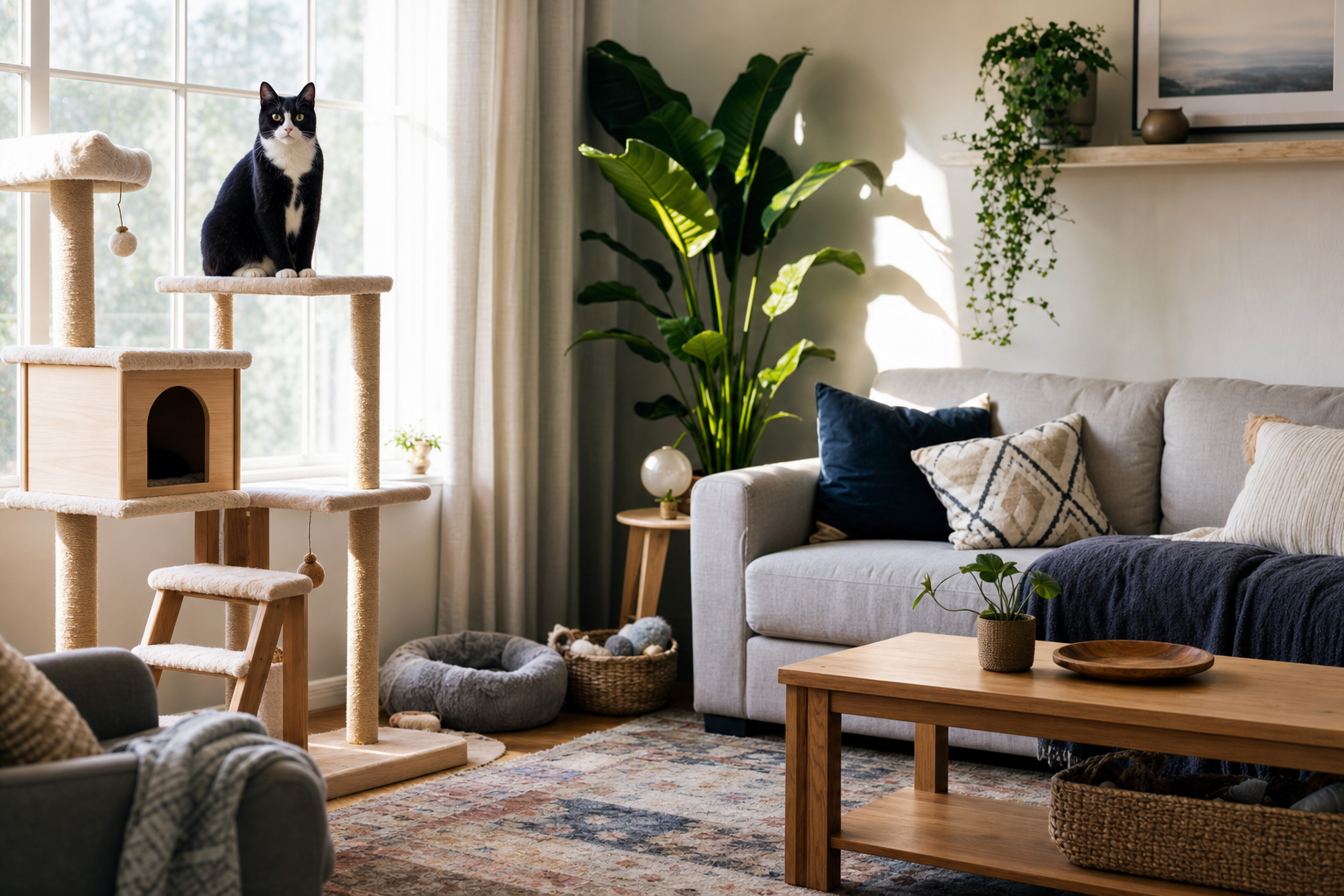 Gato blanco y negro relajado en un rascador elevado junto a una ventana en un salón acogedor