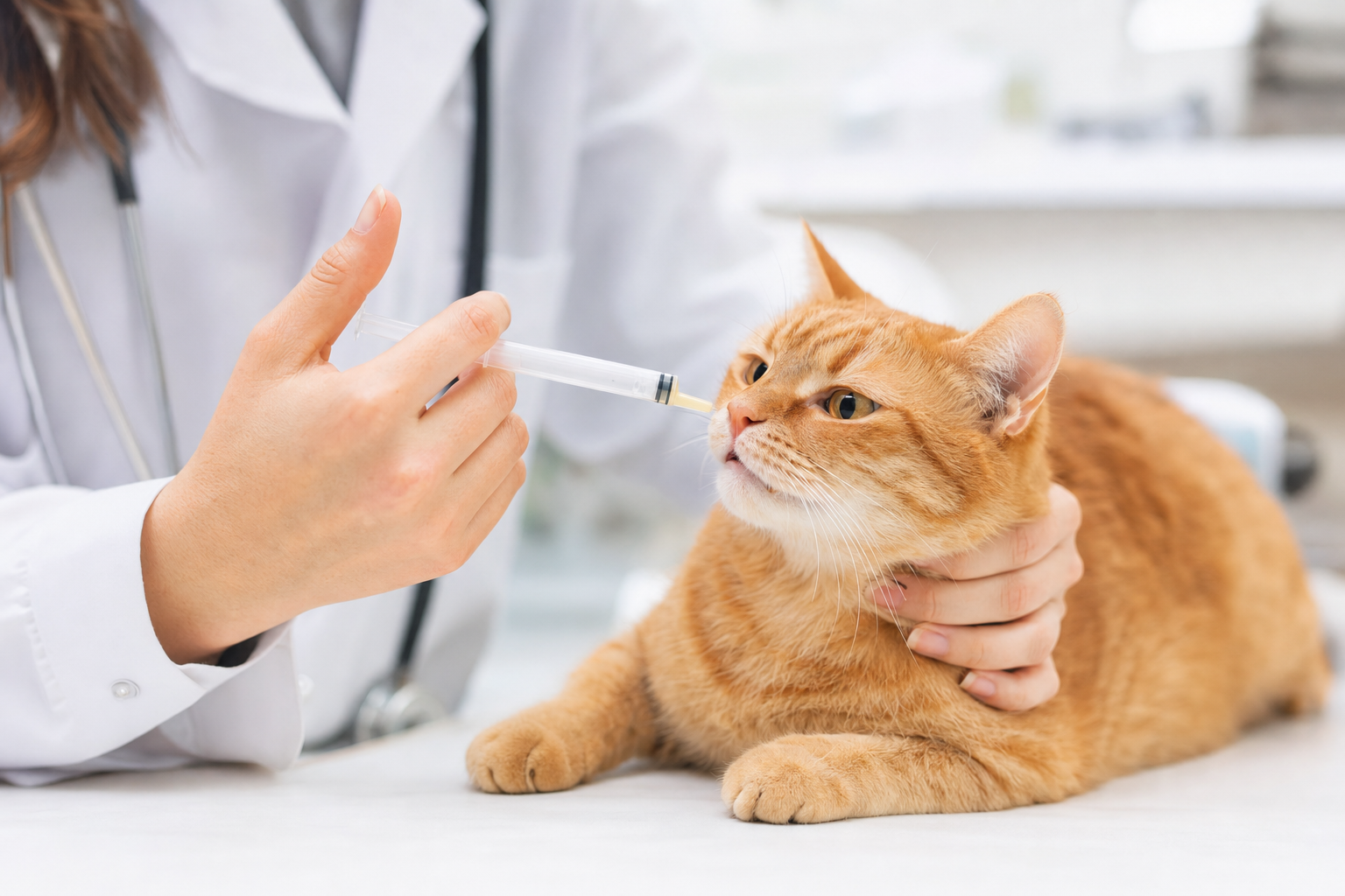 Veterinario administrando medicamento líquido a un gato naranja tranquilo en la consulta