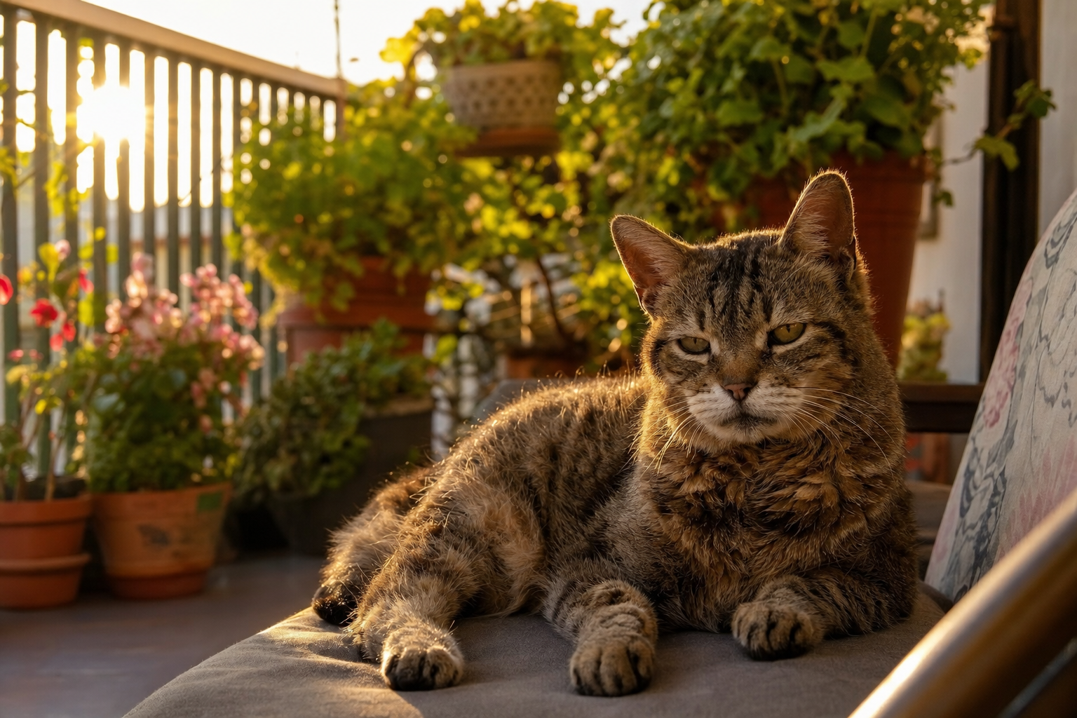 Gato mestizo mayor tomando el sol en un balcón lleno de plantas al atardecer
