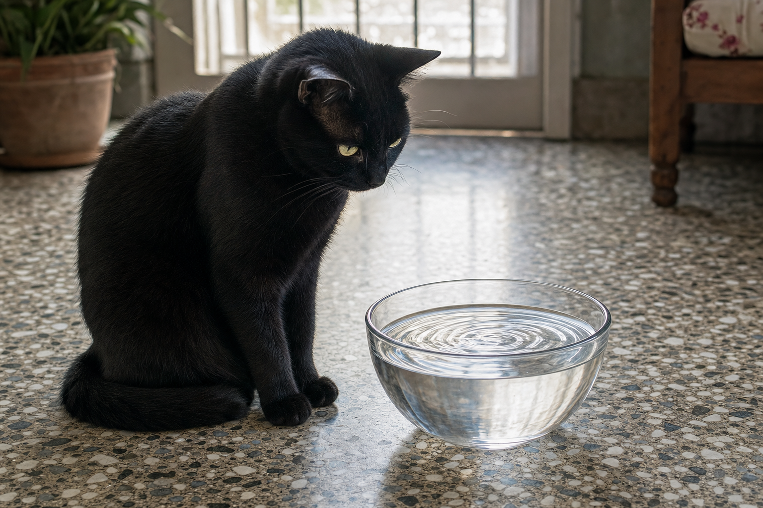 Gato negro observando un cuenco de agua en el suelo de terrazo a la luz del día
