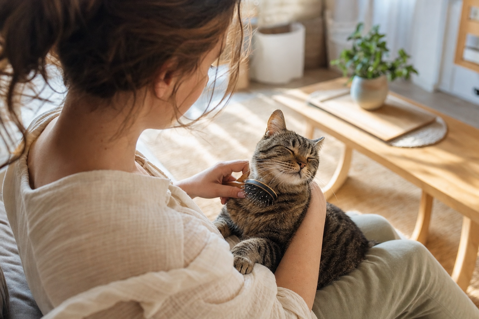 Mujer joven cepillando a su gato atigrado en el regazo en un salón iluminado por la mañana, mostrando vínculo y bienestar