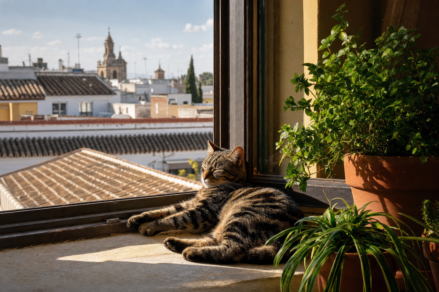 Gato atigrado tomando el sol en el alféizar de una ventana en un piso luminoso con plantas verdes