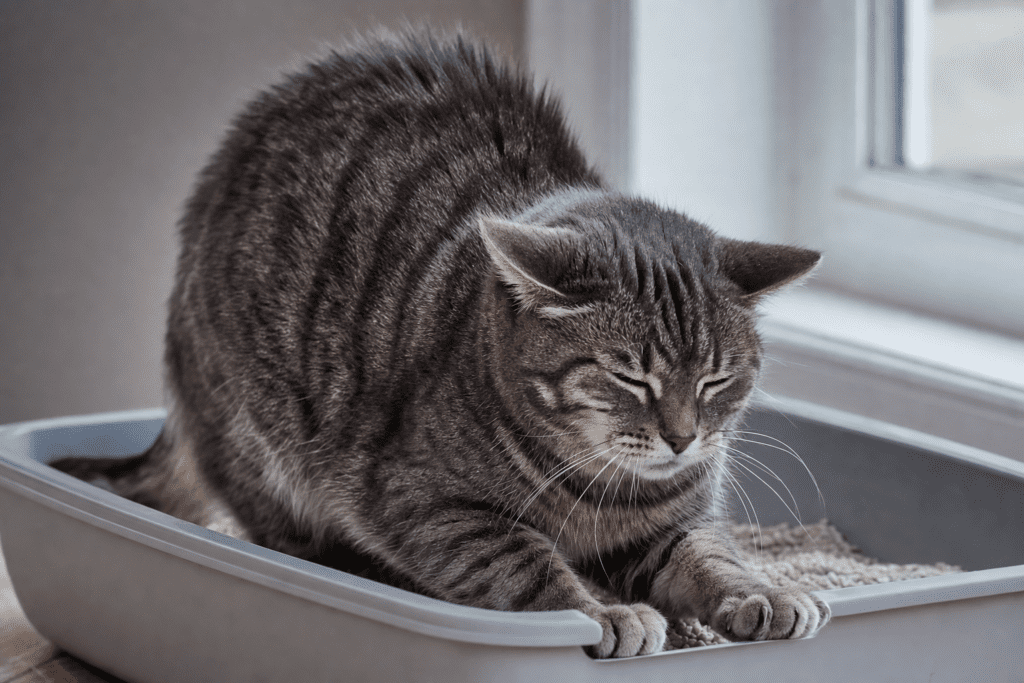 Gato atigrado gris esforzándose dentro de su arenero, mostrando signos de tensión