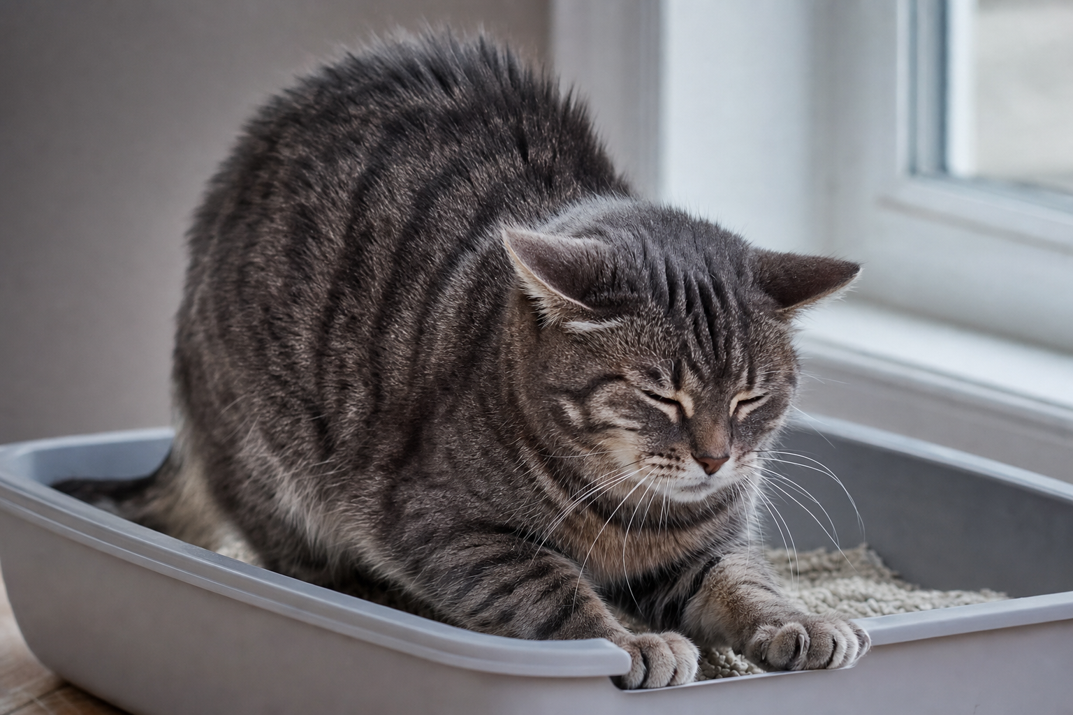 Gato atigrado gris esforzándose dentro de su arenero, mostrando signos de tensión