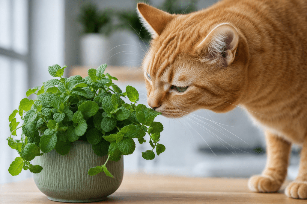 Gato naranja oliendo una planta en maceta sobre una mesa de madera clara en un salón moderno