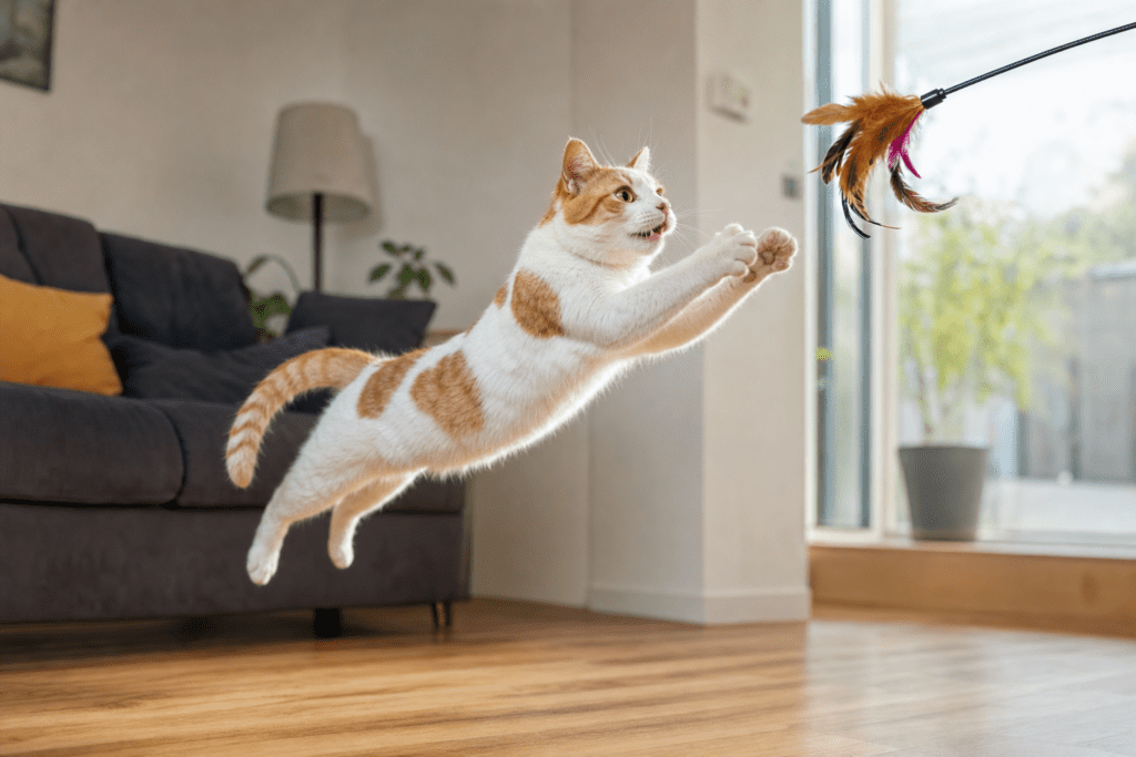 Gato blanco y naranja saltando por una caña de plumas en un salón luminoso