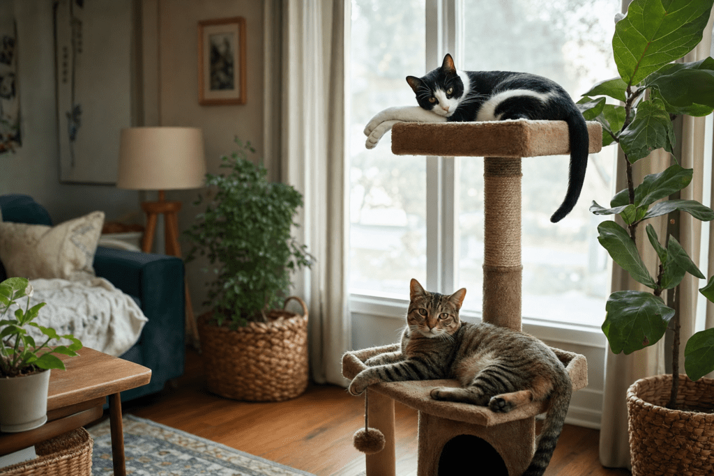 Dos gatos domésticos en un árbol rascador, uno en lo alto y otro en una plataforma baja, en un salón luminoso