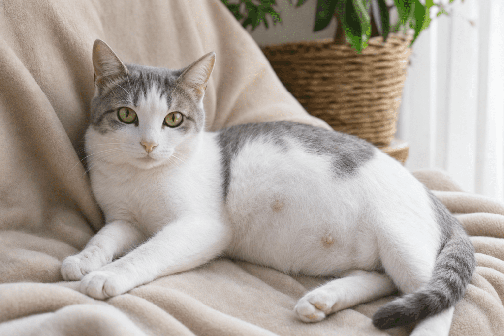Gata blanca y gris embarazada descansando en una manta beige en el salón