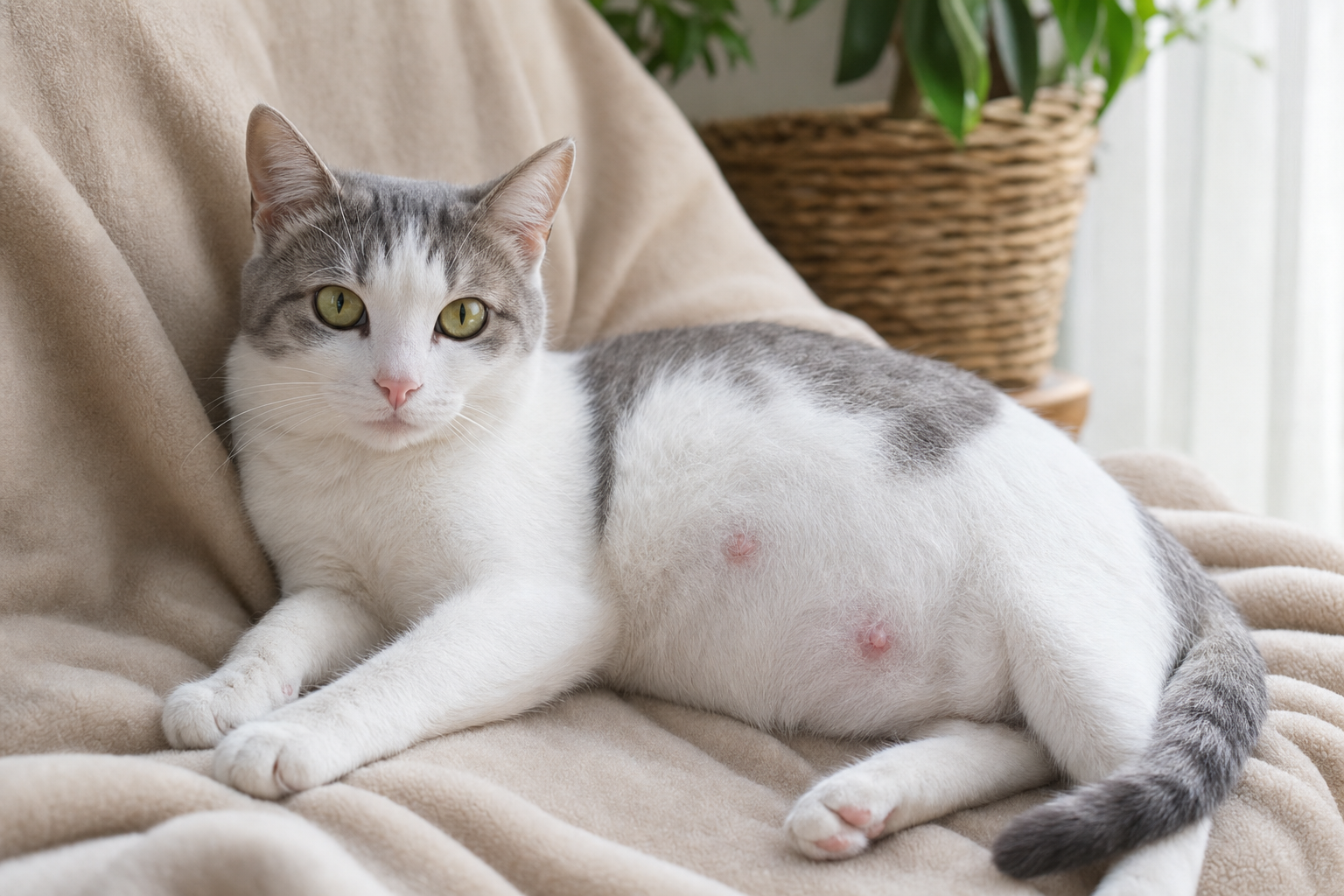Gata blanca y gris embarazada descansando en una manta beige en el salón