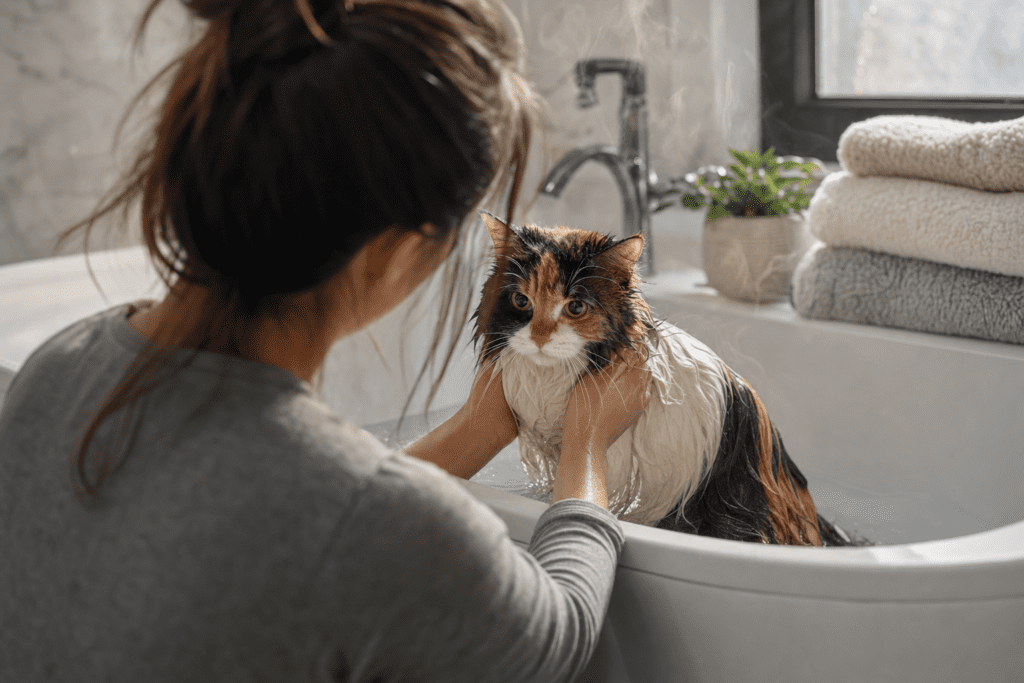 Persona joven bañando un gato tricolor de pelo largo en un baño moderno y luminoso, con el gato visiblemente nervioso.