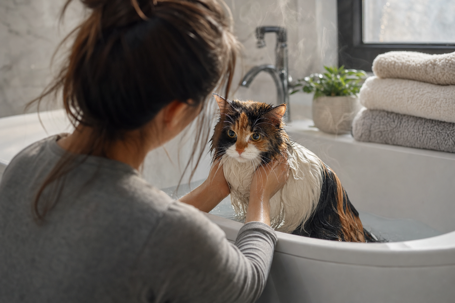 Persona joven bañando un gato tricolor de pelo largo en un baño moderno y luminoso, con el gato visiblemente nervioso.