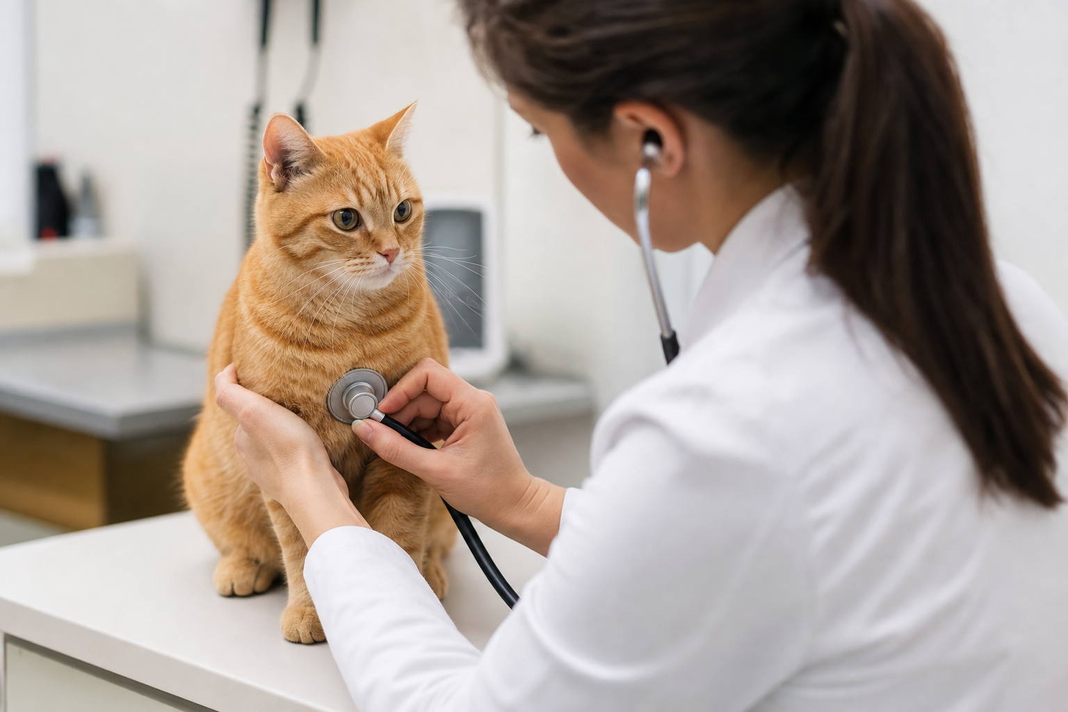 Veterinario examinando a un gato naranja sobre la mesa de la clínica, ambos tranquilos