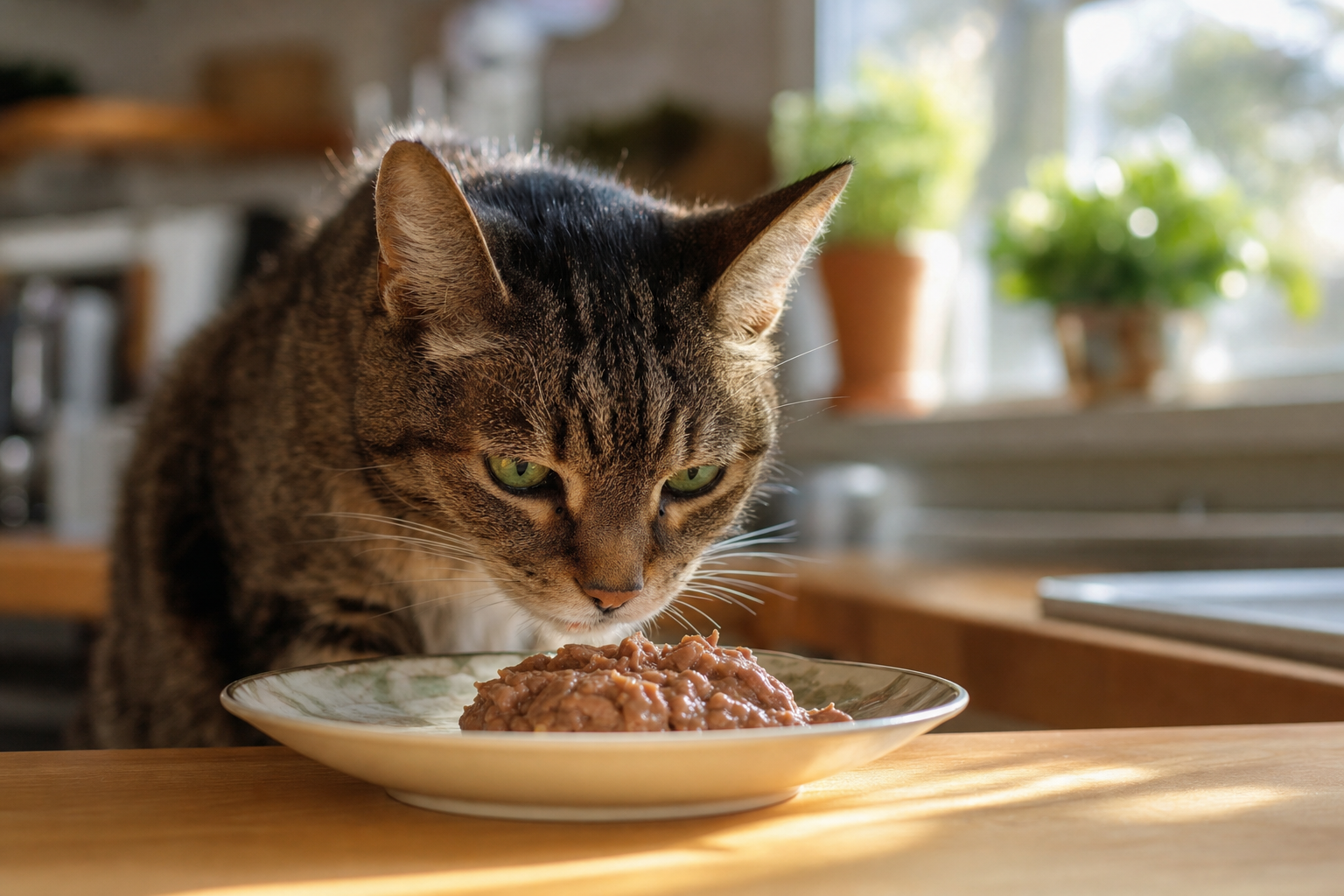 Gato atigrado senior oliendo comida húmeda en un plato bajo la luz del sol en la cocina