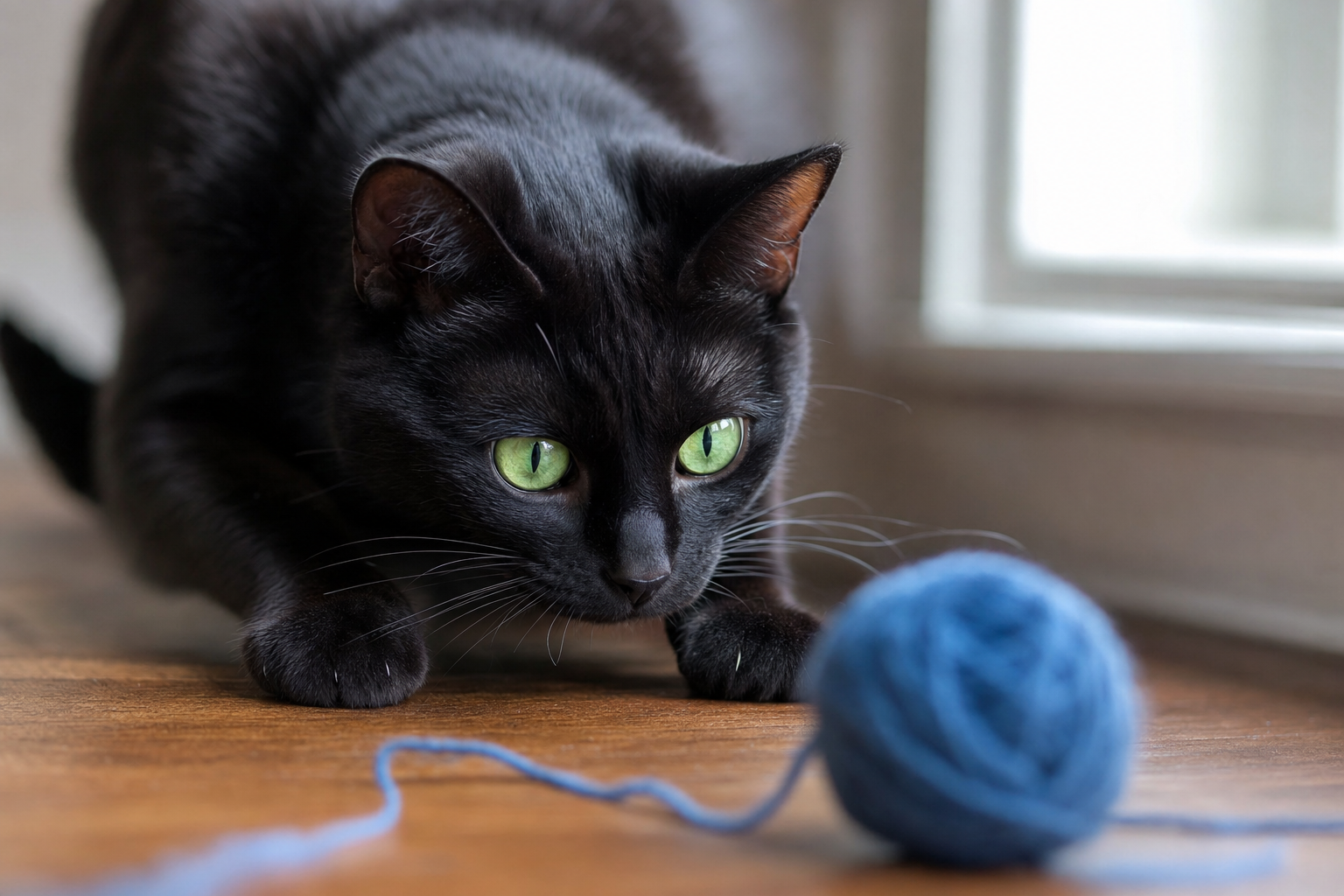 Gato negro con ojos verdes preparado para saltar sobre un ovillo de lana azul en una habitación iluminada