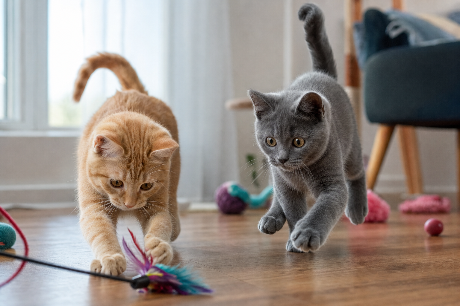 Gato naranja y gato gris jugando juntos con una caña de plumas en el suelo del salón
