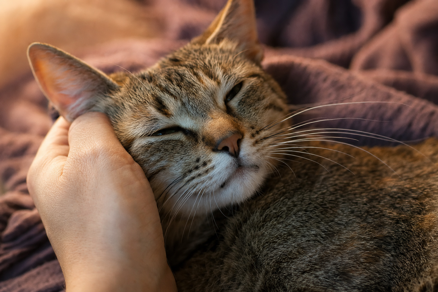 Primer plano de la cara de una gata atigrada embarazada siendo acariciada por una mano