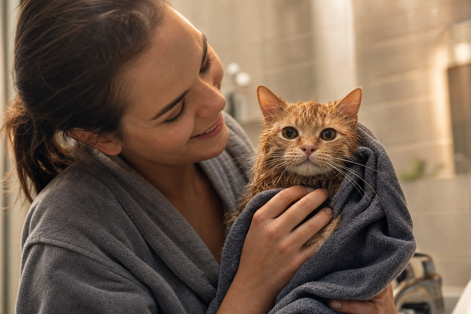 Dueño secando cuidadosamente a un gato naranja húmedo con una toalla en un baño acogedor.