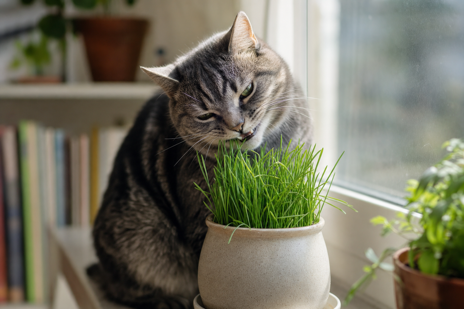 Gato atigrado gris mordiendo hierba gatera en una maceta sobre un alféizar soleado