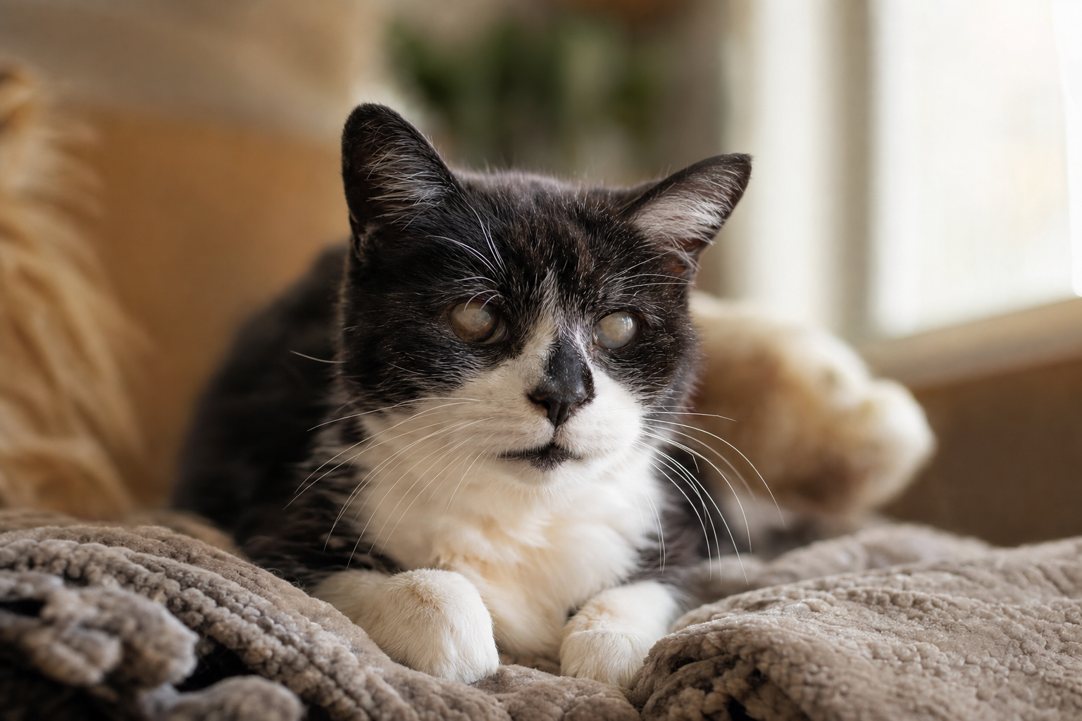 Gato mayor blanco y negro descansando en una manta suave junto a una ventana en el salón