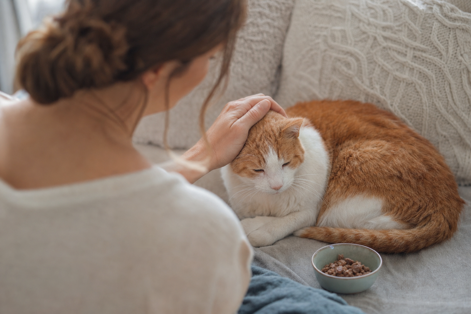 Mujer acariciando a un gato senior blanco y naranja en un sofá junto a un cuenco de comida