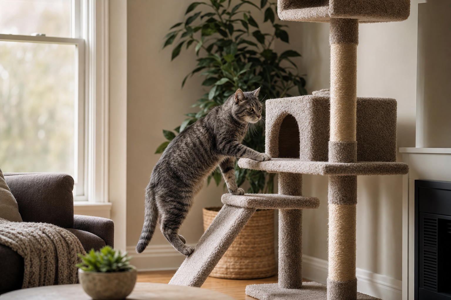 Gato atigrado mayor subiendo por un árbol rascador grande junto a una ventana luminosa