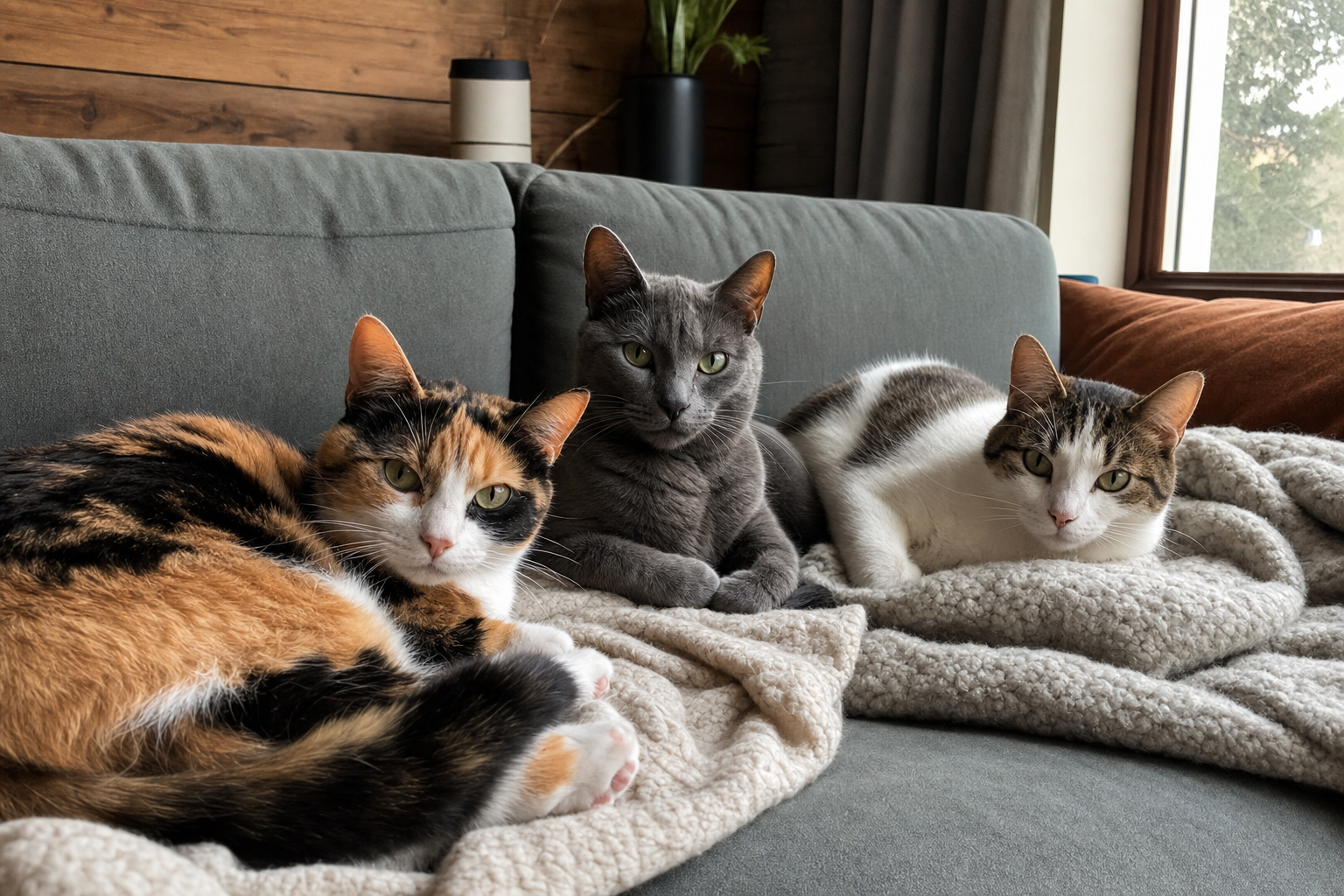 Tres gatos domésticos descansando juntos y tranquilos en un sofá con mantas, luz natural de tarde