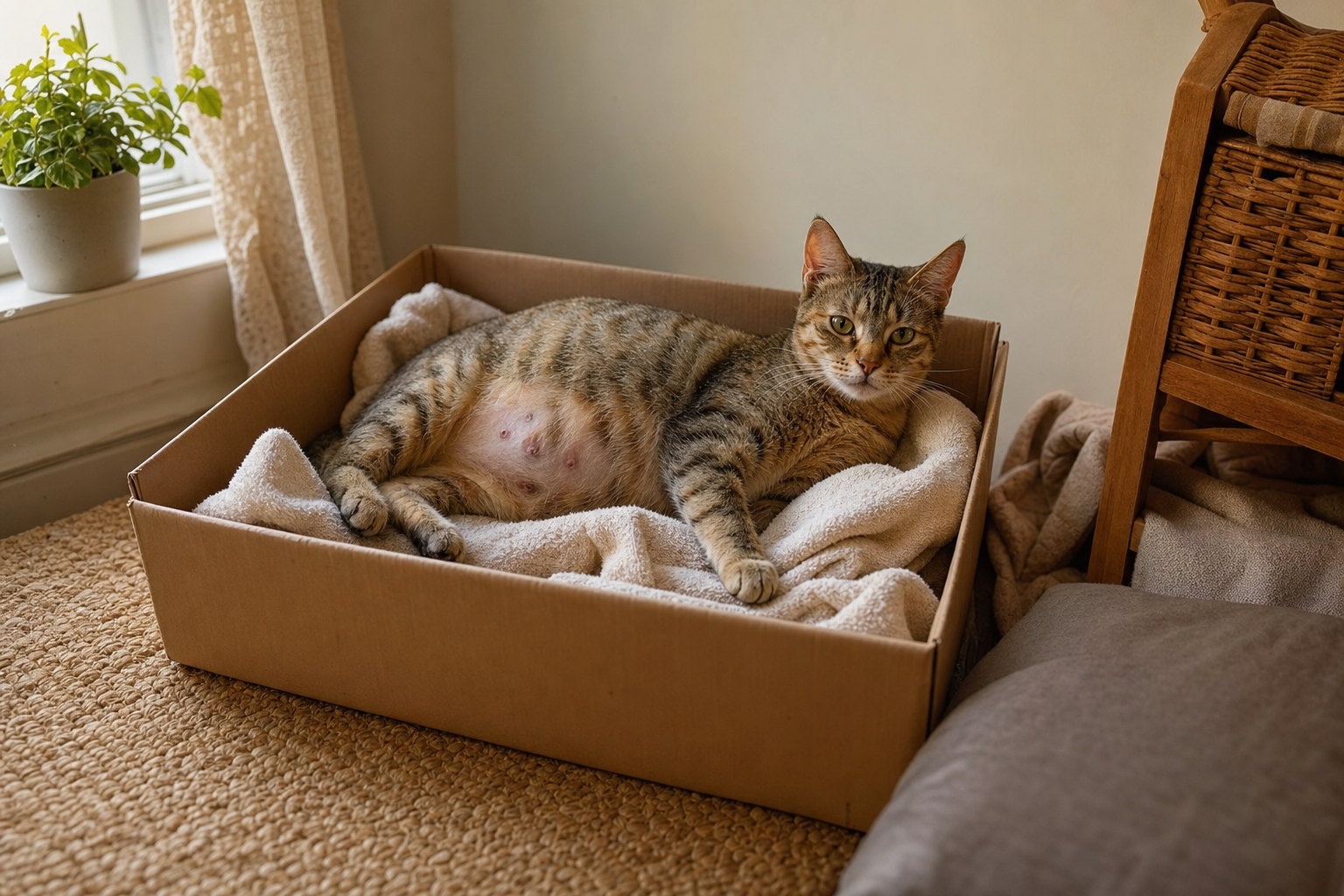 Gata preñada anidando en una caja de cartón forrada de toallas en un rincón cálido de la casa