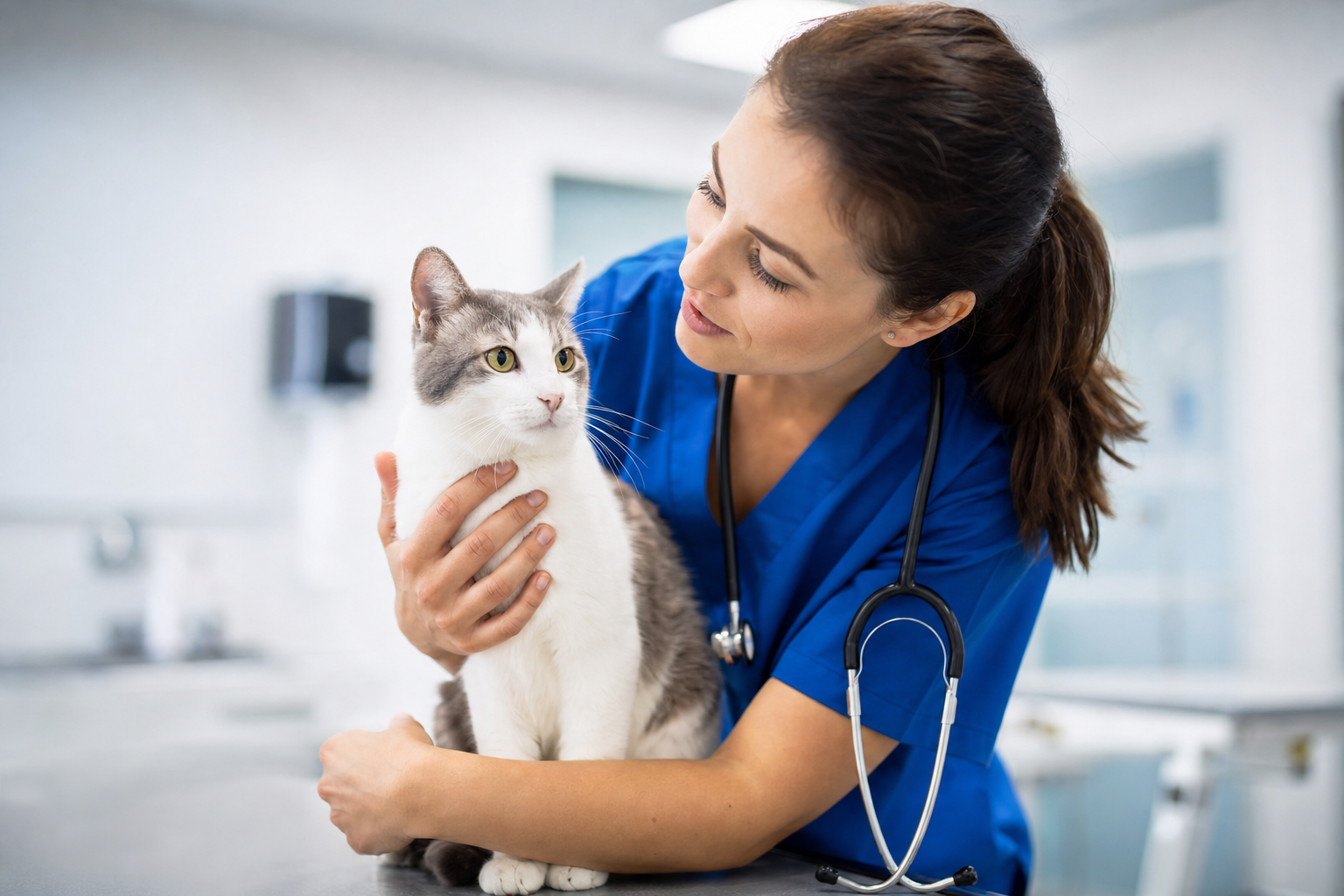 Veterinario sujetando con cuidado a un gato blanco y gris en una clínica moderna, preparándose para un baño profesional.