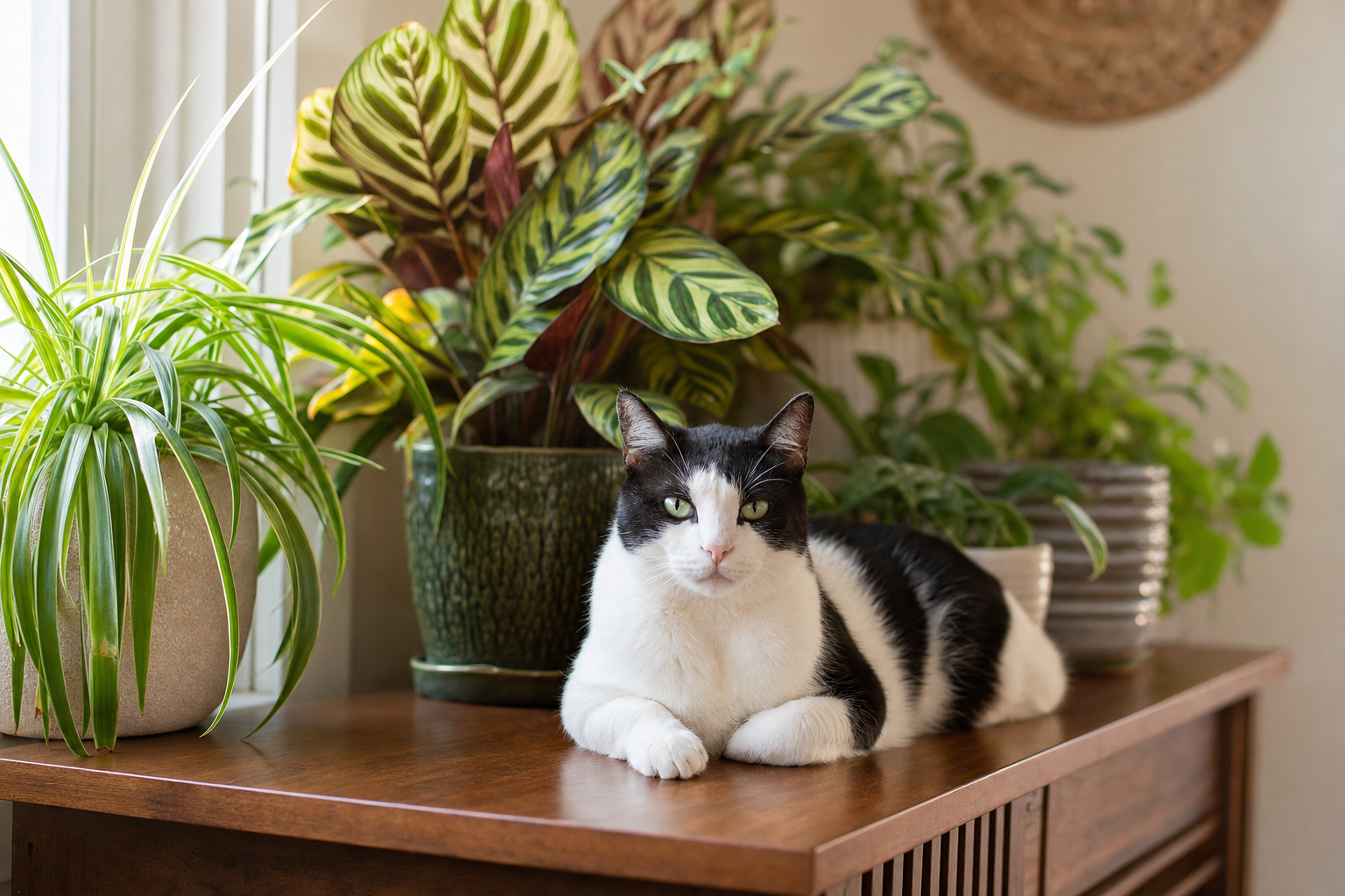 Gato blanco y negro tumbado junto a plantas de interior seguras sobre un mueble de madera en un salón soleado