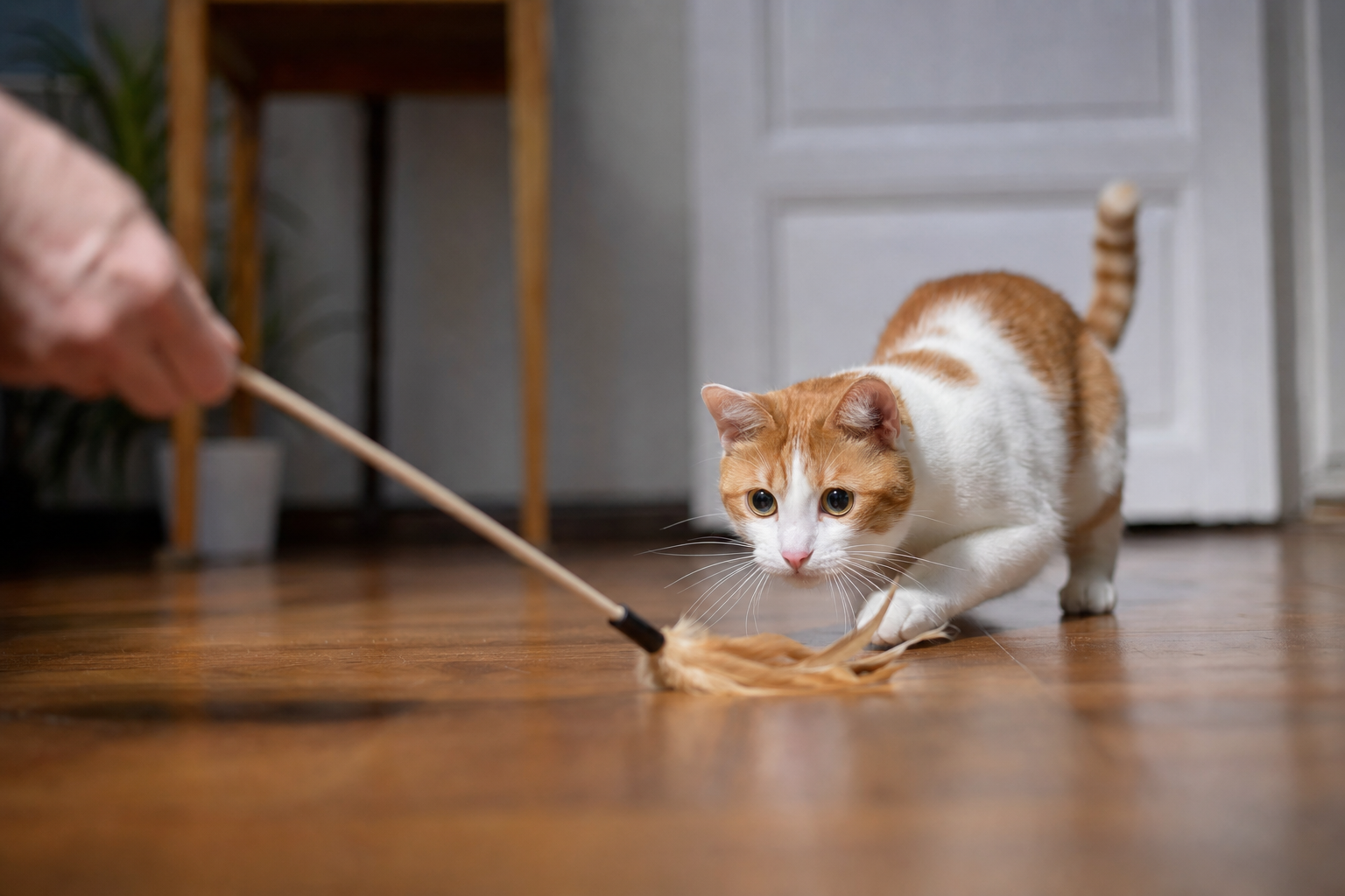 Gato blanco y naranja jugando concentrado con un juguete casero de pluma atado a una cuerda sobre el suelo de madera